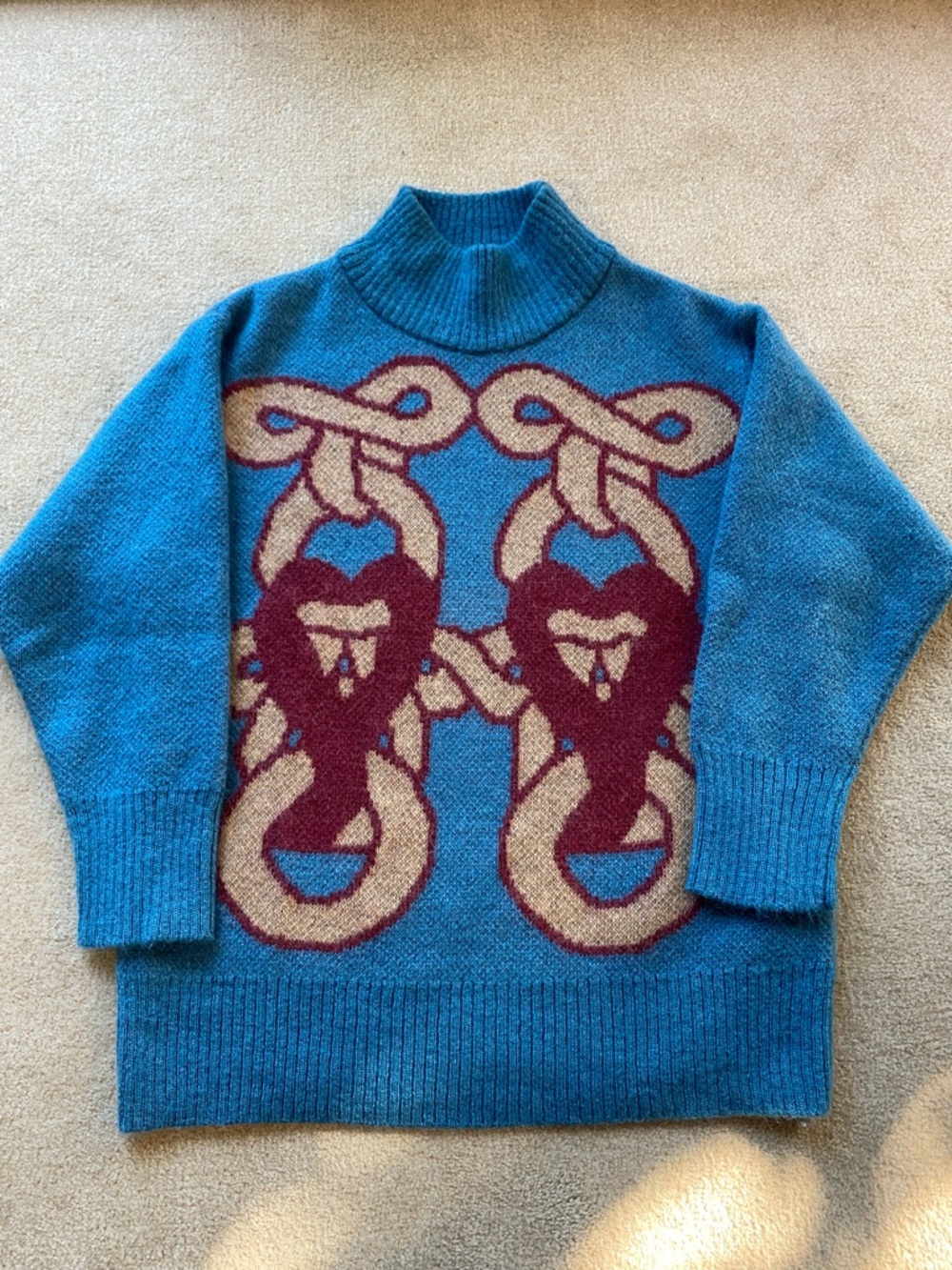 Oversized Blue Mock Neck Heart & Rope Graphic Sweater - Size Small